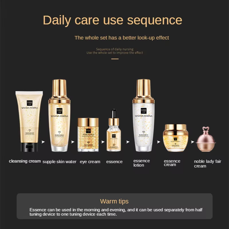 24K Gold Skin Care Set 9PCS with Box Face Toner Essence Cream Nicotinamide Anti-Aging Wrinkles Serum Facial Cleanser Kit