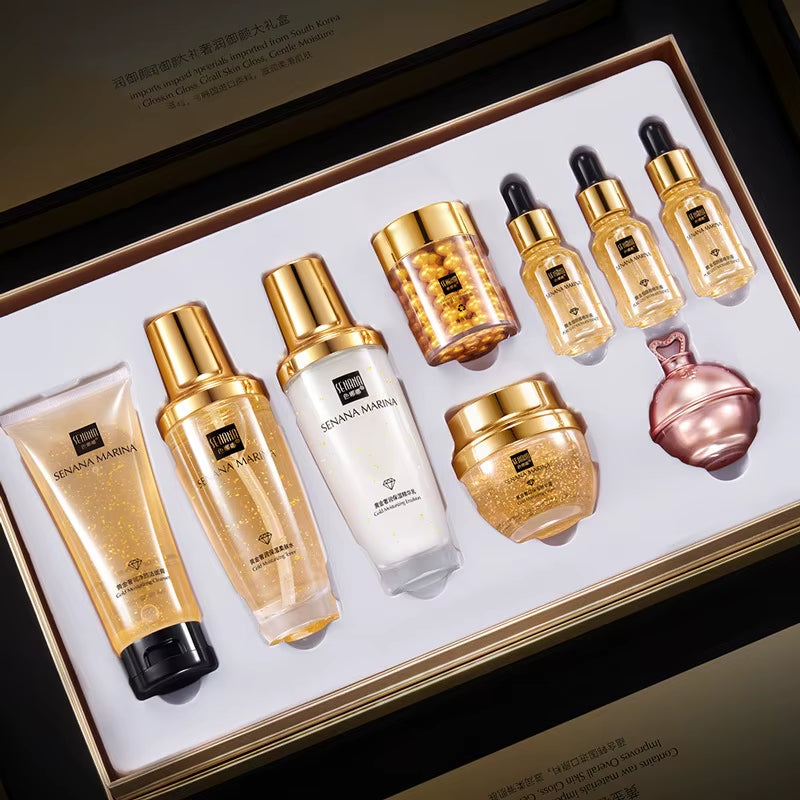 24K Gold Skin Care Set 9PCS with Box Face Toner Essence Cream Nicotinamide Anti-Aging Wrinkles Serum Facial Cleanser Kit