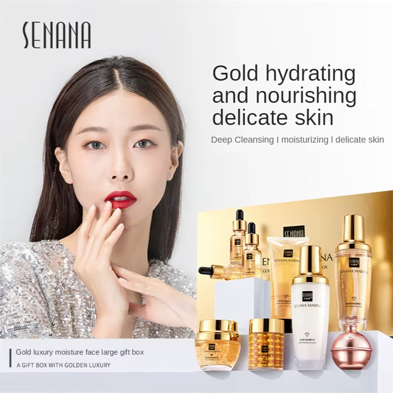 24K Gold Skin Care Set 9PCS with Box Face Toner Essence Cream Nicotinamide Anti-Aging Wrinkles Serum Facial Cleanser Kit