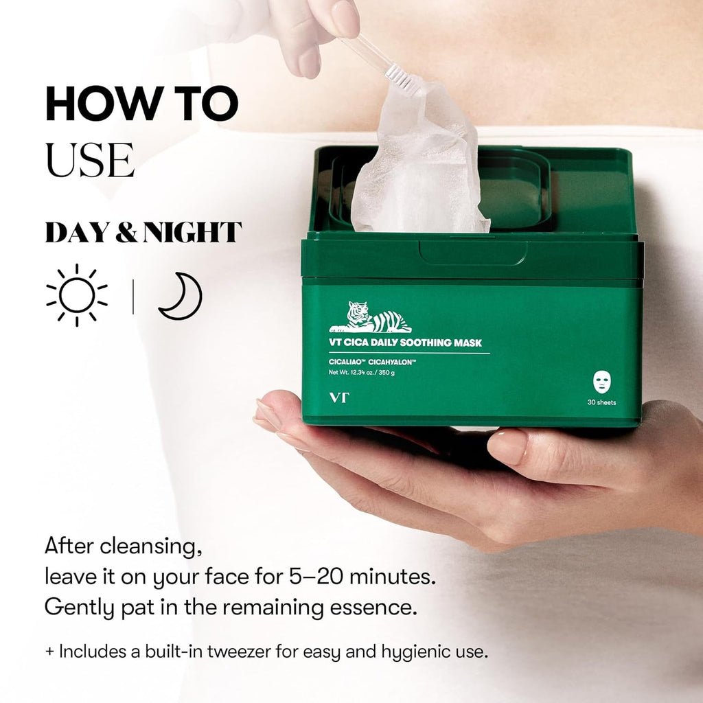 CICA Daily Soothing Mask 30 Sheets, Centella Asiatica & Hyaluronic Acid for Moisturizing & Hydrating, Instant Calm & Glow, Skin Softening Facial Mask, Korean Face Mask